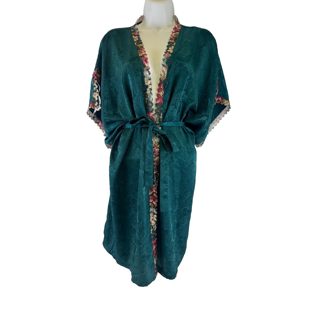 Val Mode Lingerie Kimono Robe Satin Lace Short Romantic Vintage Paisley Green L